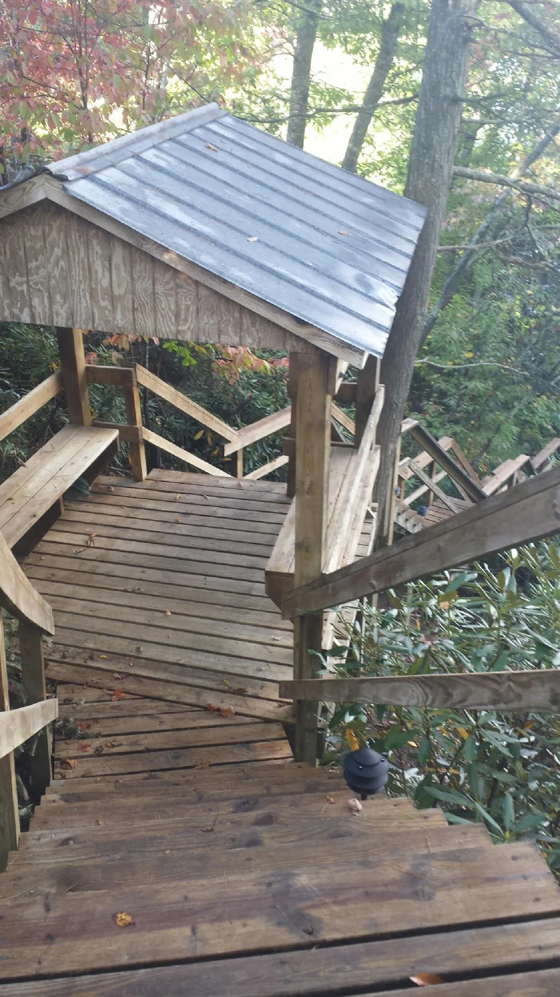 Metal roofed shelter over wooden steps on a wooded walkway — Skylight Repair & Installation work by our crew in Forest Hill